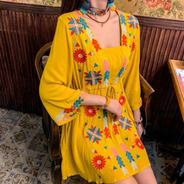 SinceThenキュート 花柄 Aライン スリム ショート ワンピース ワンピース 花柄 8分袖 とろみ Aライン ウエスト紐 ハイウエスト