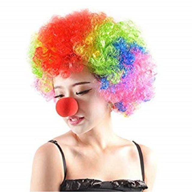 赤鼻付きレインボーアフロウィッグandピエロ衣装 コスプレ 仮装 Patymo ピエロ赤鼻付きレインボーアフロ - 本店