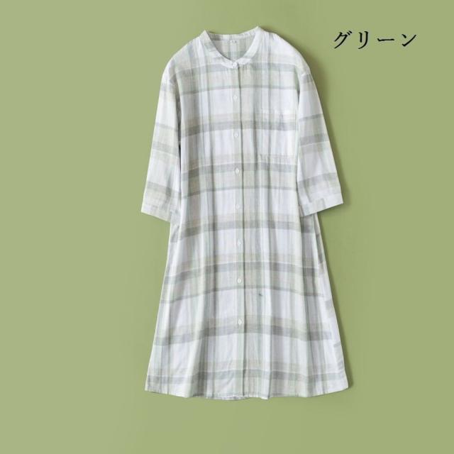 パジャマ ルームウェア ワンピース 婦人 女性 七分袖 チェック柄 前