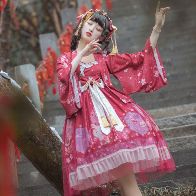 ロリータドレス コスプレ衣装 2点セット キャミソールワンピース 羽織 中華風 チャイナ風 レディース チュール リボン レース フリル 帯 桜 キツ ロリータドレス コスプレ衣装 2点セット キャミソールワンピース 羽織