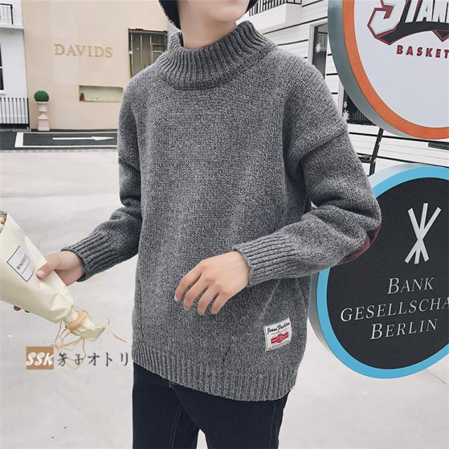 秋冬 エルボーパッチ メンズ モックネック ニットセーター セーター