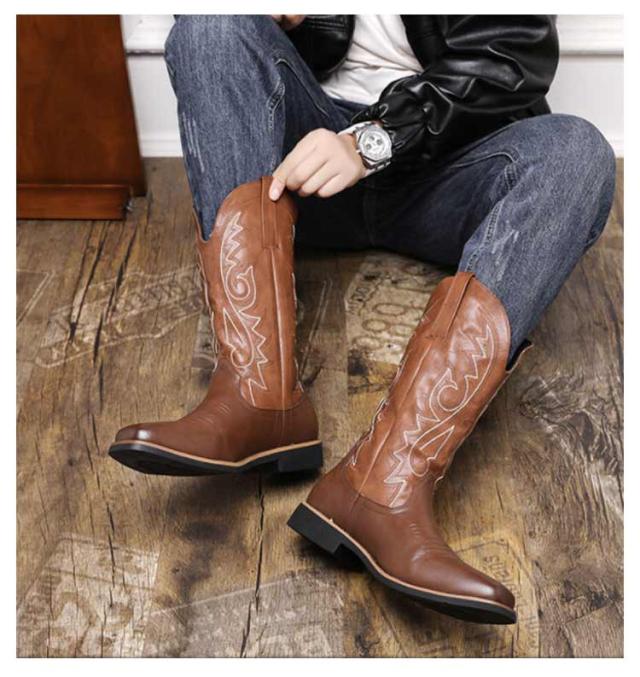 ウエスタンブーツ メンズ ロングブーツ ミドル ブーツ 刺繍