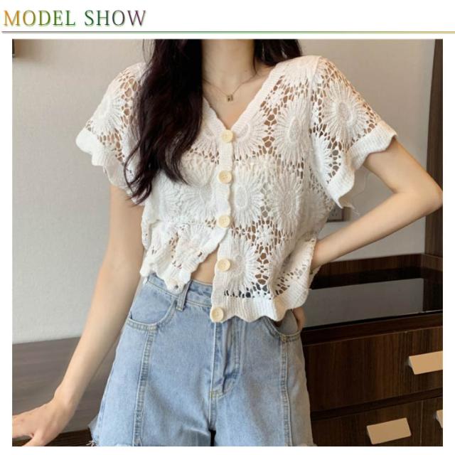 送料無料)花柄レース刺繍カットソー サマーニット カーディガン