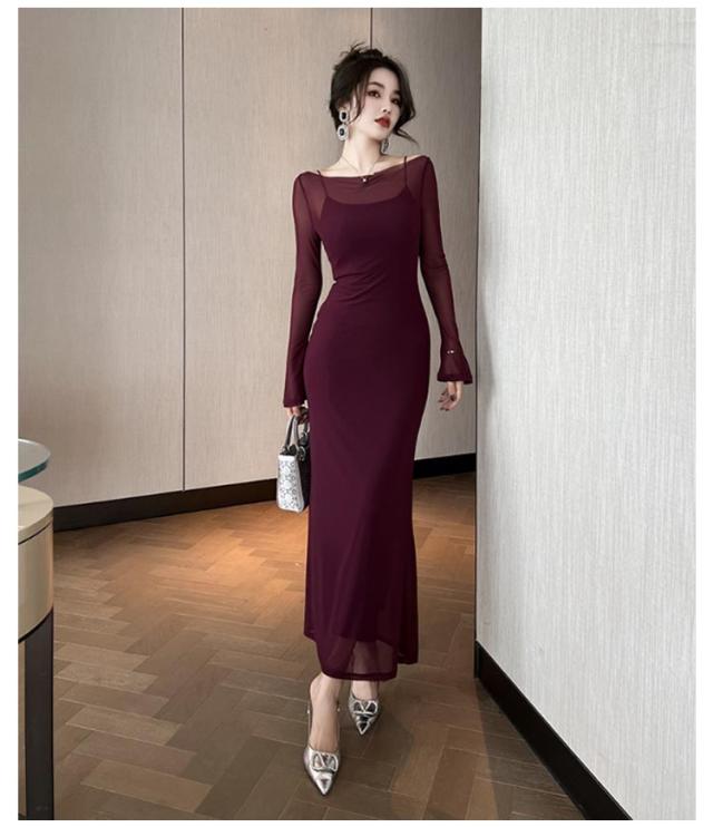 シースルーワンピ&キャミワンピース★2色あり★大人コーデ 上品 osharewalker 2点コーデセット 2025 レディース ニット トップス
