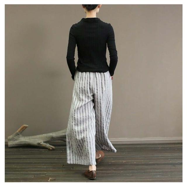 白 ストライプ ワイドパンツ ガウチョパンツ レディース