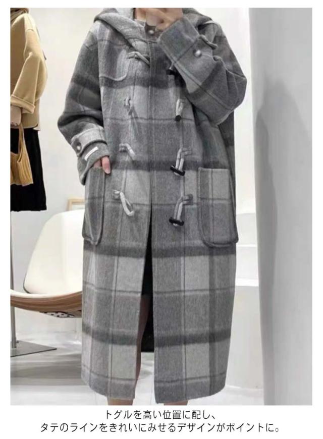 ダッフルコート レディース フード付き チェックコート 秋冬