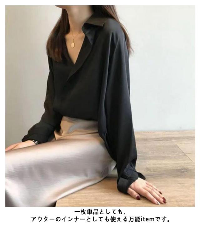 光沢感 ブラウス レディース スキッパー シャツ サテン サテン調 無地 長袖 ドロップショルダー シャツブラウス 羽織り トップス ラウンドヘム 体型カバー 羽織 光沢感 ブラウス レディース スキッパー シャツ サテン サテン調