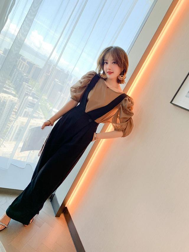 セットアップ ブラウス サロペット パフスリーブ ラウンドネック