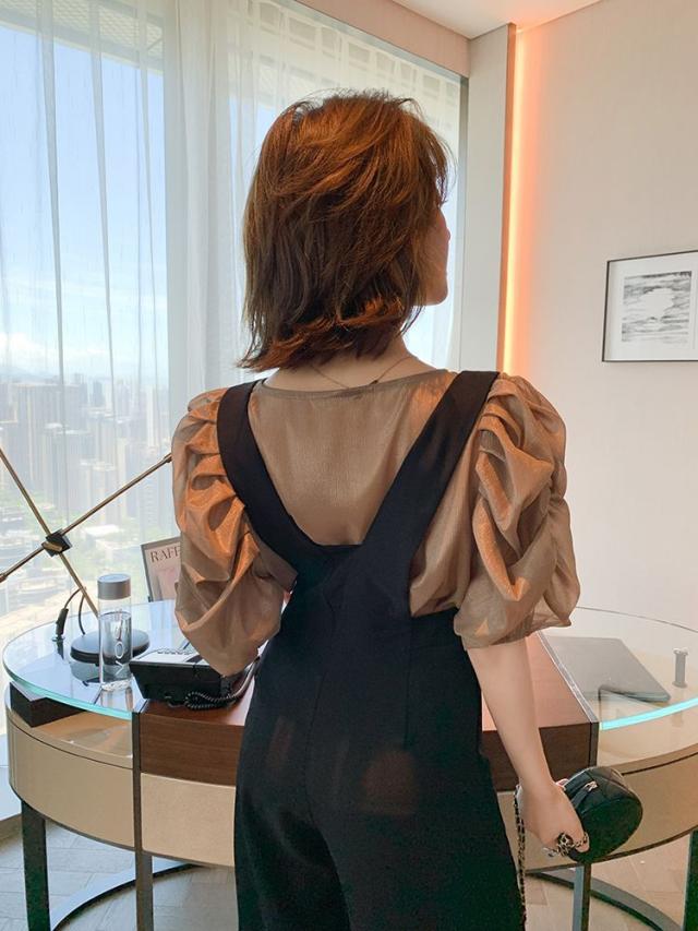 セットアップ ブラウス サロペット パフスリーブ ラウンドネック