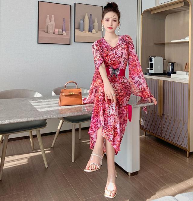 ワンピース ラウンドネック 抽象柄 ウエストシェイプ ロングワンピース 袖デザイン アジアンテイスト 着やせ 女子旅 キレイ目 ママ 女子会 ワンピース ラウンドネック 抽象柄 ウエストシェイプ ロングワンピース