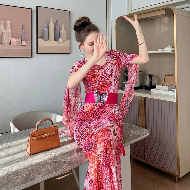 ワンピース ラウンドネック 抽象柄 ウエストシェイプ ロングワンピース