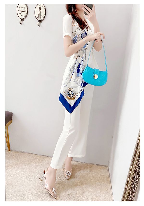 セットアップ ジャケット パンツ スカーフ柄 襟付き 半袖 ボタン