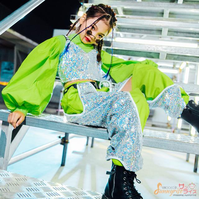 ダンス衣装 上下セット 長袖 蛍光色 キラキラ トップス ズボン女の子