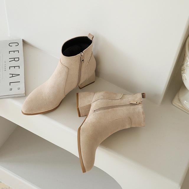ショートブーツ レディース 秋冬 太ヒール スエード調 シューズ ヒール