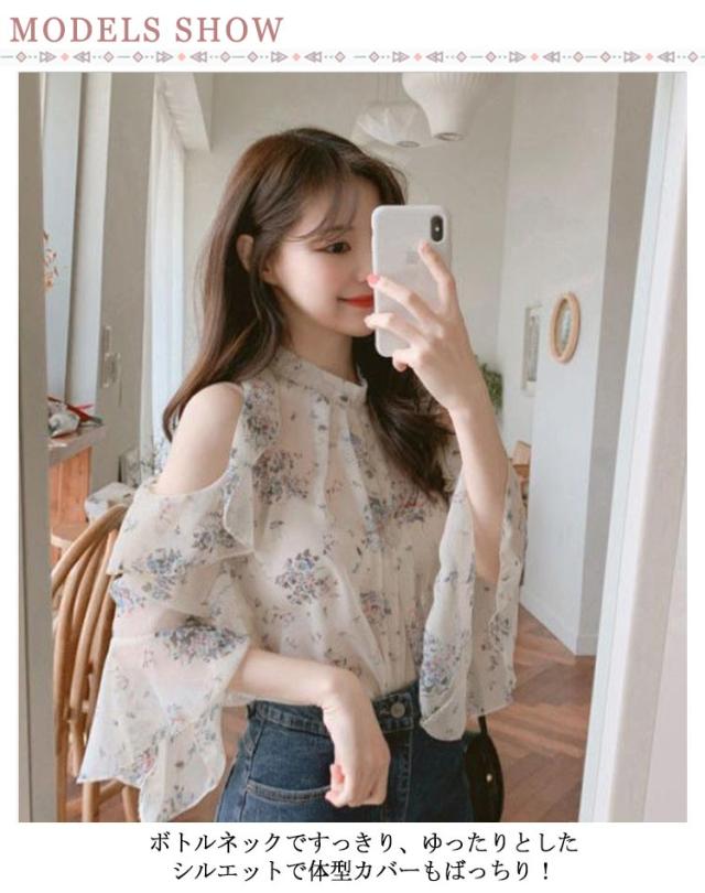【ts16812】ゆったりシルエットで体型カバー♪花柄シフォンオフショルダー長袖ブラウス ts16812】ゆったりシルエットで体型カバー♪花柄シフォンオフ