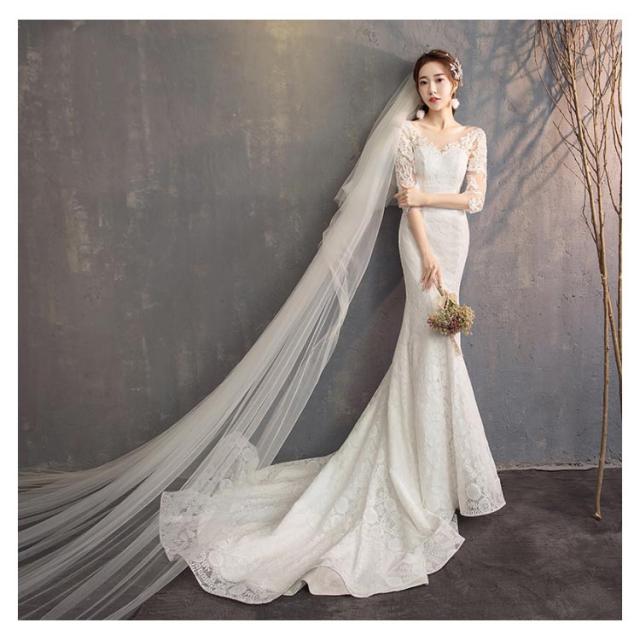 ウェディングドレス マーメイドライン 9号 Mサイズ 半袖 Vネック ウェディングドレス マーメイドライン トレーン付き ドレス