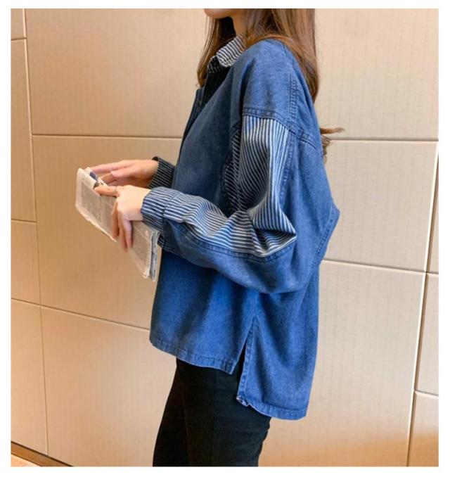 デニム シャツ レディース トップス 長袖 ストライプ 無地