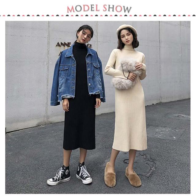 ハイネック ニットワンピース ミモレ丈 レディース ロング丈