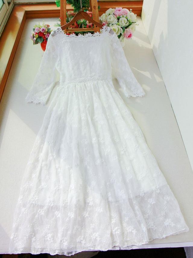 白ワンピース マキシワンピ 7分袖 レース ワンピース レディース