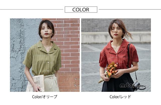 チェックシャツ 開襟シャツ レディース トップス 半袖 開襟 チェック柄