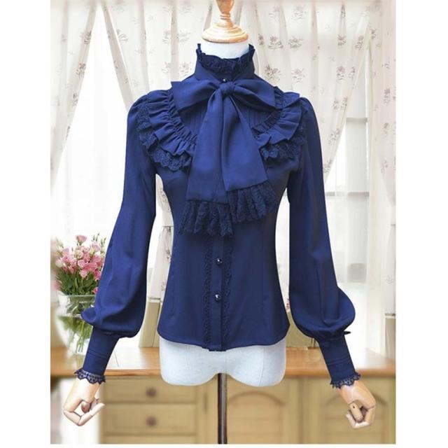 フリルリボン宝石兎　青紺色長袖シャツ　ネイビーブルー　ゴシックロリータ メンズ ALICE and the PIRATES - フリルリボン宝石兎 青紺色長袖シャツ