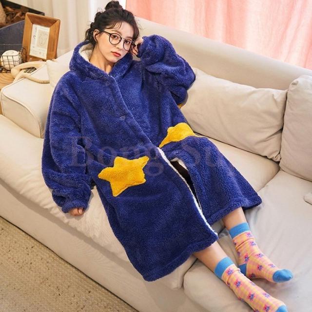 ルームウェア レディース 秋冬 長袖ワンピース 前開きパジャマ もこもこ 星柄 ゆったりネグリジェ フード連れ部屋着 ナイトロープ ガウン 可愛い 暖かい ルームウェア レディース 秋冬 長袖ワンピース 前開きパジャマ