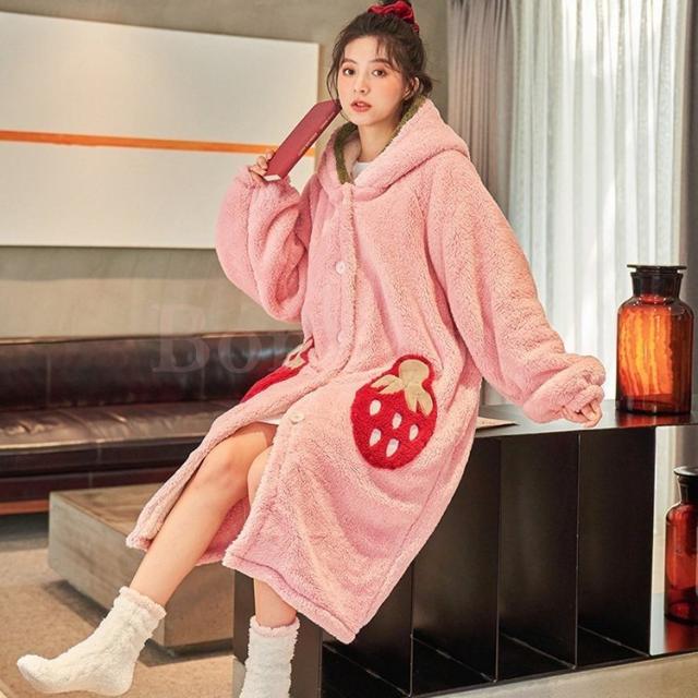 ルームウェア レディース 秋冬 長袖ワンピース 前開きパジャマ