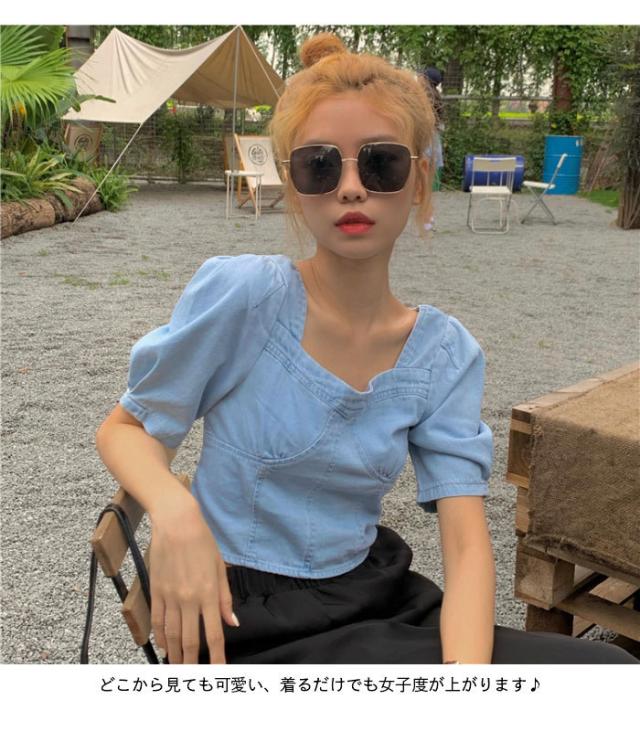 Tシャツ デニムTシャツ  レディース 春 夏 半袖 おしゃれ 萌え袖 キレイめ ショート丈 タイト シンプル 可愛い 通学 通勤 トップス 春新作 送料無料 デニムTシャツ レディース 春 夏 半袖 おしゃれ 萌え袖