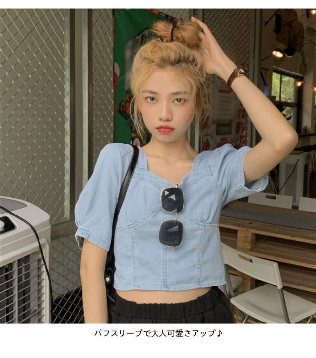 Tシャツ デニムTシャツ  レディース 春 夏 半袖 おしゃれ 萌え袖 キレイめ ショート丈 タイト シンプル 可愛い 通学 通勤 トップス 春新作 送料無料 デニムTシャツ レディース 春 夏 半袖 おしゃれ 萌え袖
