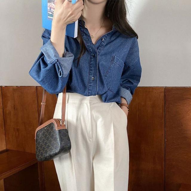 デニムシャツ ブラウス レディース 婦人服 トップス 長袖 襟付き 前ボタン ポケット シンプル 無地 おしゃれ かっこいい カジュアル ゆったり デニムシャツ ブラウス レディース 婦人服 トップス 長袖 襟付き
