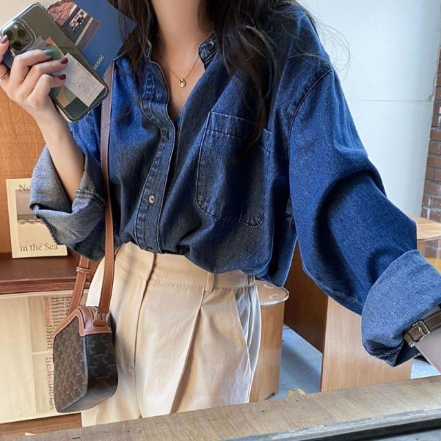 デニムシャツ ブラウス レディース 婦人服 トップス 長袖 襟付き 前ボタン ポケット シンプル 無地 おしゃれ かっこいい カジュアル ゆったり デニムシャツ ブラウス レディース 婦人服 トップス 長袖 襟付き
