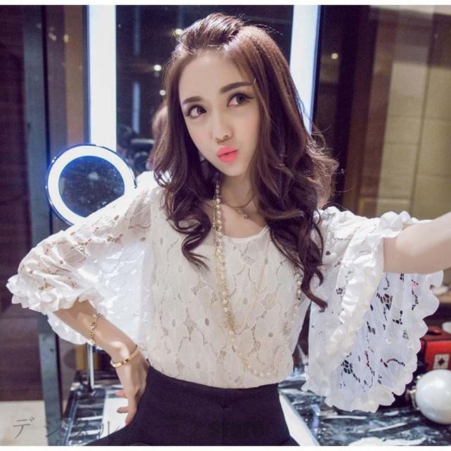 花柄レース ボリューム袖トップス フレアスリーブブラウス