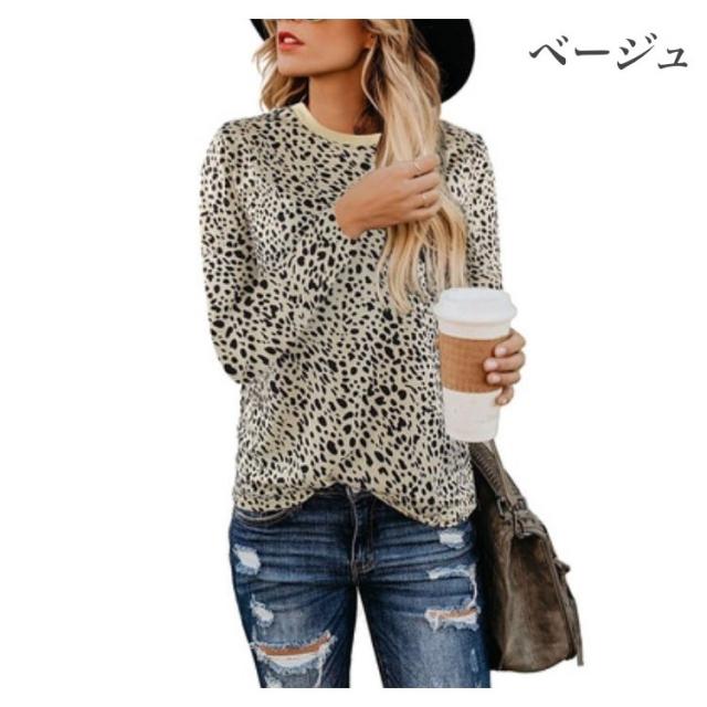 長袖カットソー レディース 女性 トップス クルーネック ヒョウ