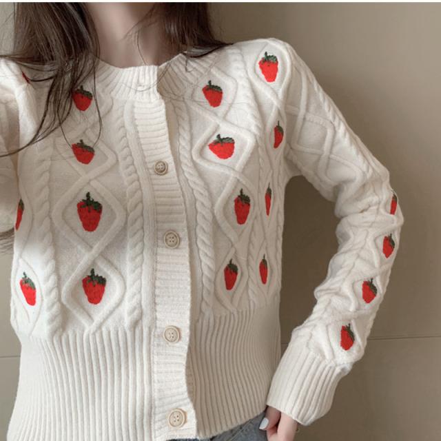 21年春秋新作 ニットカーディガン レディース ニットアウター イチゴ柄