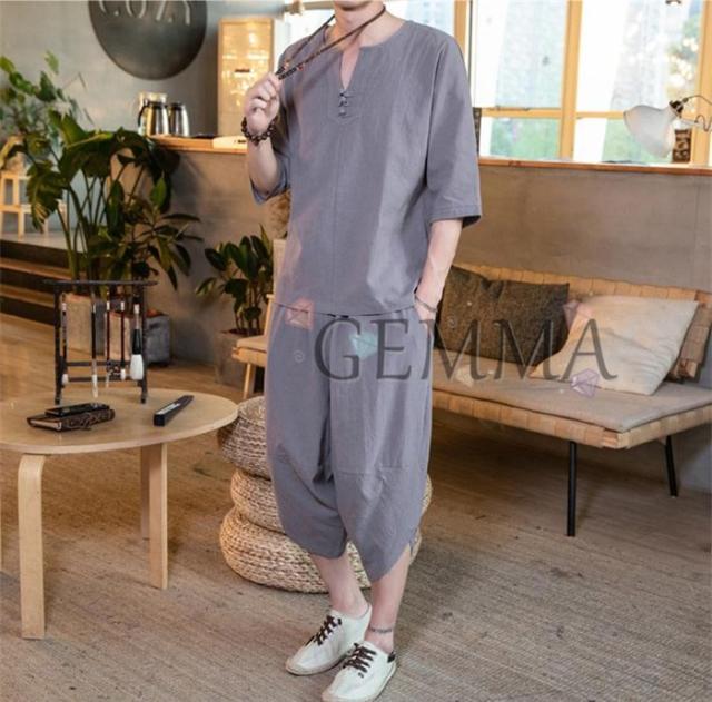 セットアップ メンズ 夏 リネン ジャージ 半袖 シャツ 上下