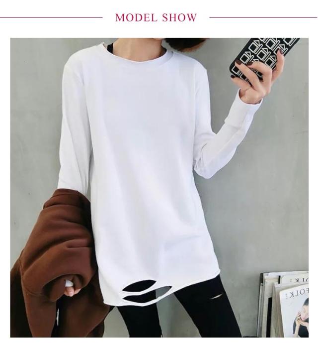 裾ダメージロングTシャツ 長袖 穴あき ゆったり レイヤード トップス 
