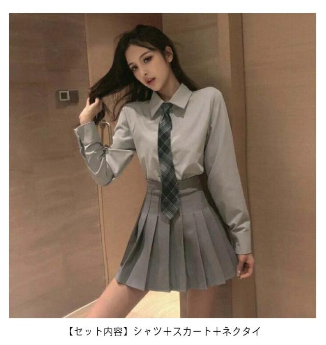 韓国 3点セット ニット ネクタイ付 シャツ ロングスカート 制服 韓国 セットアップ ネクタイ付 シャツ ベスト スカート 制服風