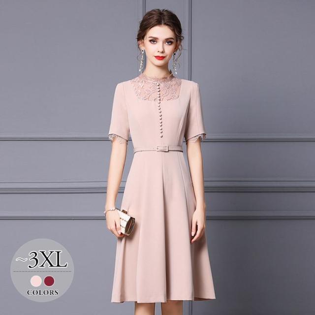 ウエストマーク デザインボタン 首元レース かわいい レース ワンピース 通販 可愛い 半袖 ネットショッピング 休日スタイル ストリート 休日 ワンピース ドライブ