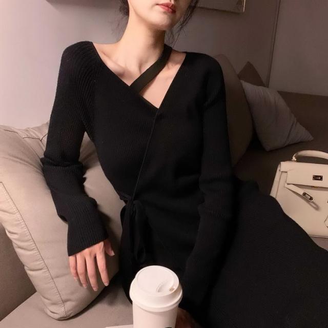 超特価激安 ニットワンピース レディース 40代 秋冬 長袖ワンピース ｖネックニットワンピース ロングスカート ひざ下 無地セーター タイトスカート 安いそれに目立つ Alimamiy Ru