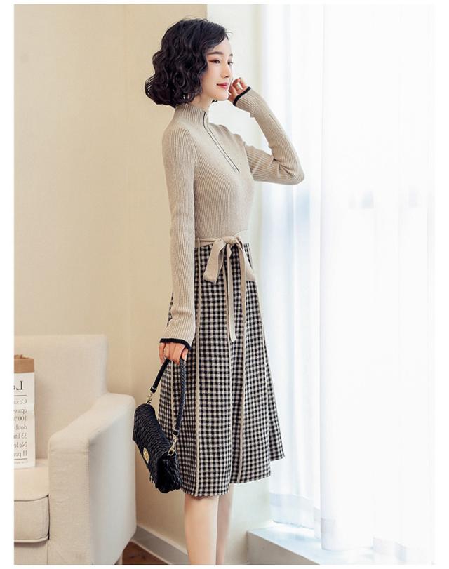 残りわずか ニットワンピース レディース 40代 秋冬 長袖ワンピース 黒セーター ロング丈 チェック柄 プリーツスカート リボン ひざ丈 ニットインナ 予約販売品 Teammedellin Co
