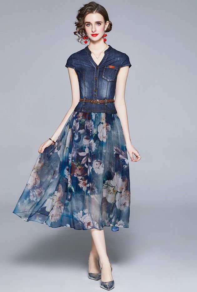 包装無料 送料無料 ワンピース シャツ スカート ドッキングワンピ 花柄 半袖 デニム生地 シースルー 透け感 ロングワンピース ベルト 休日スタイル ラッピング無料 返品も保証 Www Iacymperu Org