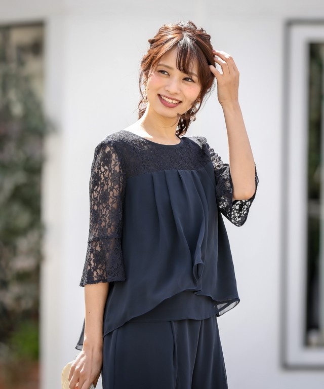 【値下げ】 レース切替 セットアップ ドレス ブラウス パンツ ＋ワイド スーツ・フォーマル・ドレス