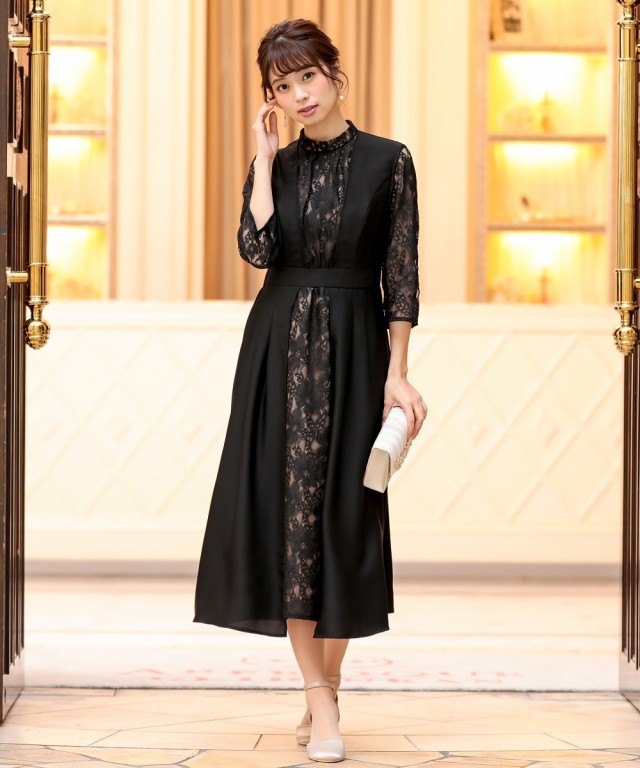 ドレス パーティー 大きいサイズ レディース スタンドカラー フロント レース デザイン ワンピース 結婚式 二次会 お呼ばれ対応 フォーマル 披露宴  謝恩会 同窓会 卒業式 パーティドレス 可愛い 大人 20代 30代 40代 体形カバー ネイビー/黒系 LL/3L ニッセン nissenの 