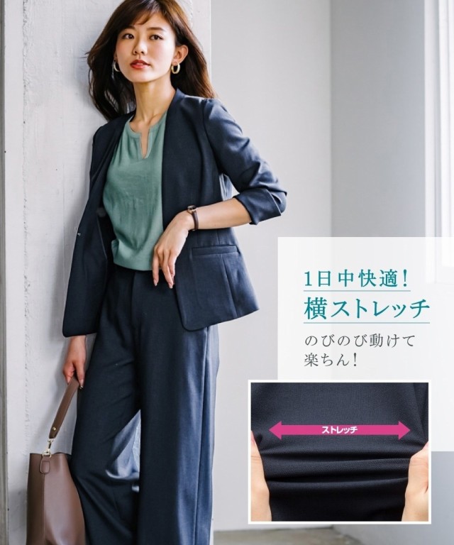 スーツ 夏 接触冷感 吸汗速乾 脇汗パッド付 リネンライク セミワイドパンツ ノーカラージャケット 7/9/11/13/15/17/19/21/23号  ネイビー/スモーキーブルー/ダークブラウン 多機能 パンツスーツ 大きいサイズ レディース ニッセン nissen agesugi_sfa｜au 