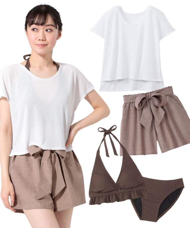 水着 大きいサイズ レディース 4点セット 水陸両用透け感Tシャツ パンツ 付きビキニ MU045-B 夏 かわいい おしゃれ 4L/5L/6L/8L/10L ニッセン nissen