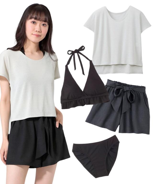 水着 大きいサイズ レディース 4点セット 水陸両用透け感Tシャツ パンツ 付きビキニ MU045-B 夏 かわいい おしゃれ 4L/5L/6L/8L/10L ニッセン nissen