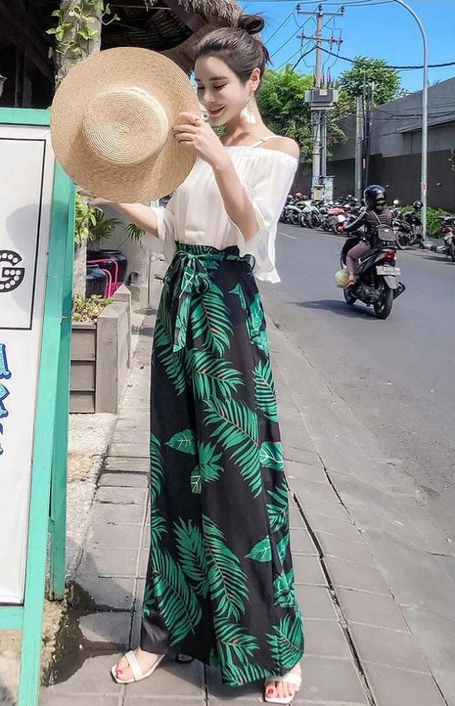 ワイドパンツ レディース ガウチョパンツ 花柄 リーフ柄 ロング