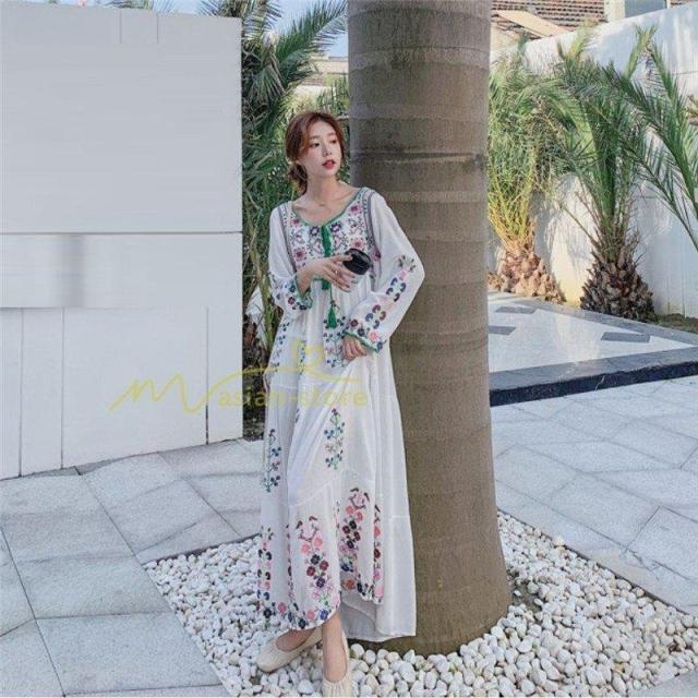 ワンピース リゾートワンピ レディース ボヘミア風 休暇 長袖 無地