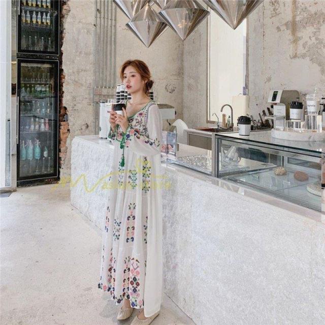 ワンピース リゾートワンピ レディース ボヘミア風 休暇 長袖 無地