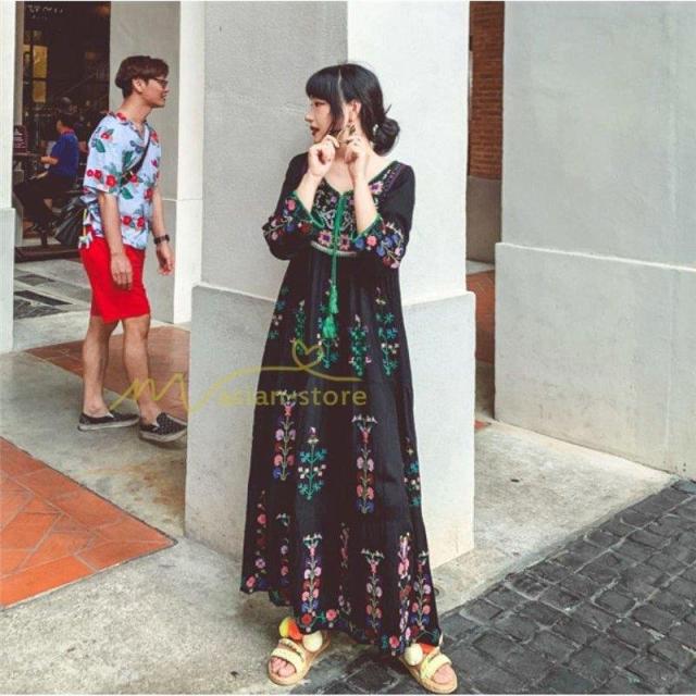 ワンピース リゾートワンピ レディース ボヘミア風 休暇 長袖 無地